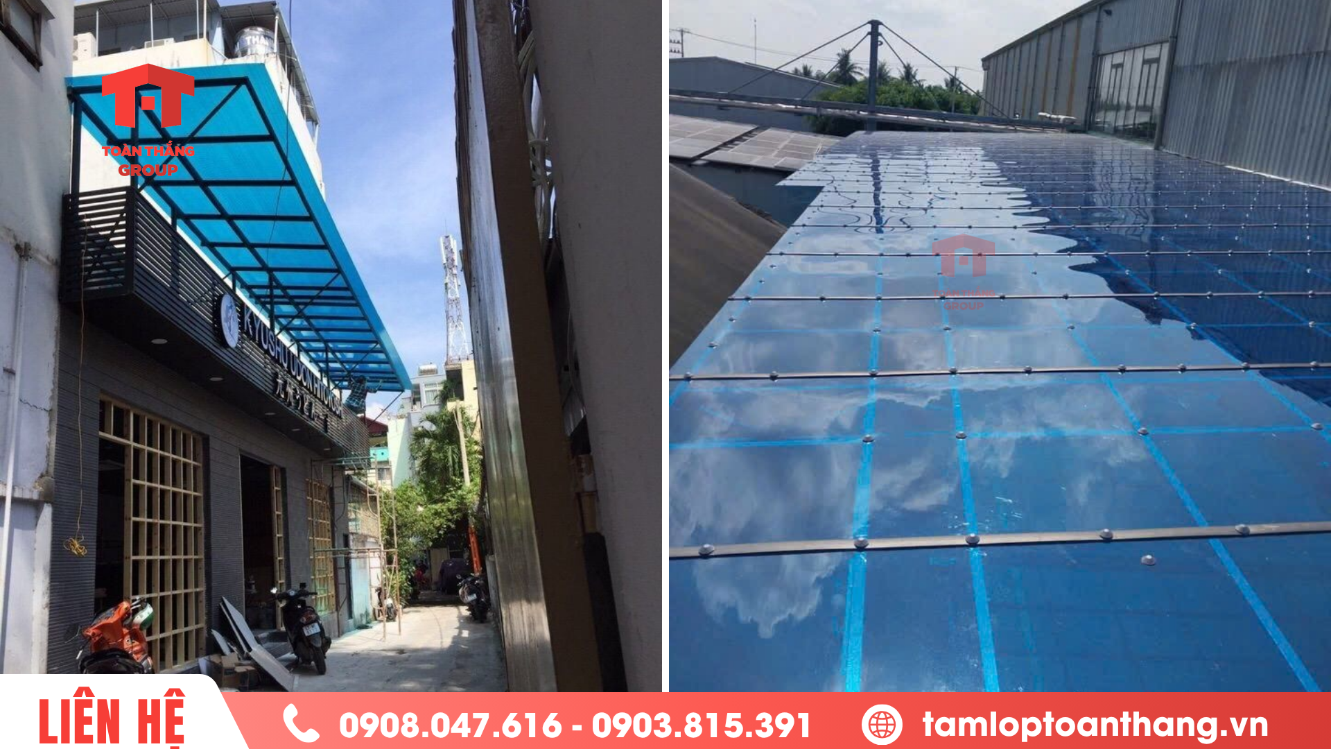 Tấm lấy sáng poly solar light đặc 2mm màu xanh cho mái hiên nhà 
